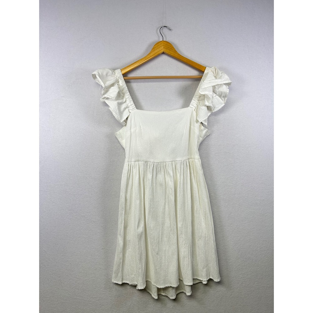 NWT Miamia Womens White Ruffle Sleeve Square Neck Tie Back Mini Dress‎ L